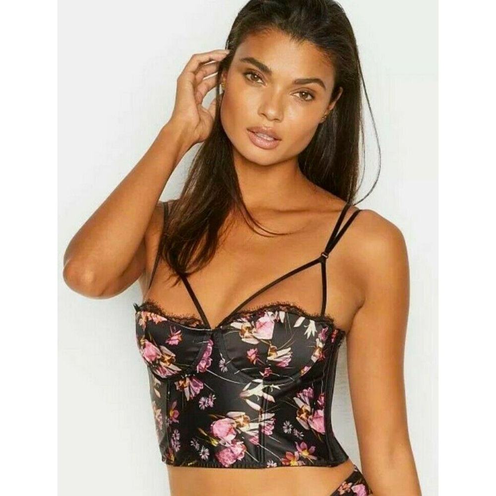 Victoria’s Secret | Very Sexy Black Satin Floral Longline Bustier Corset Top 34D